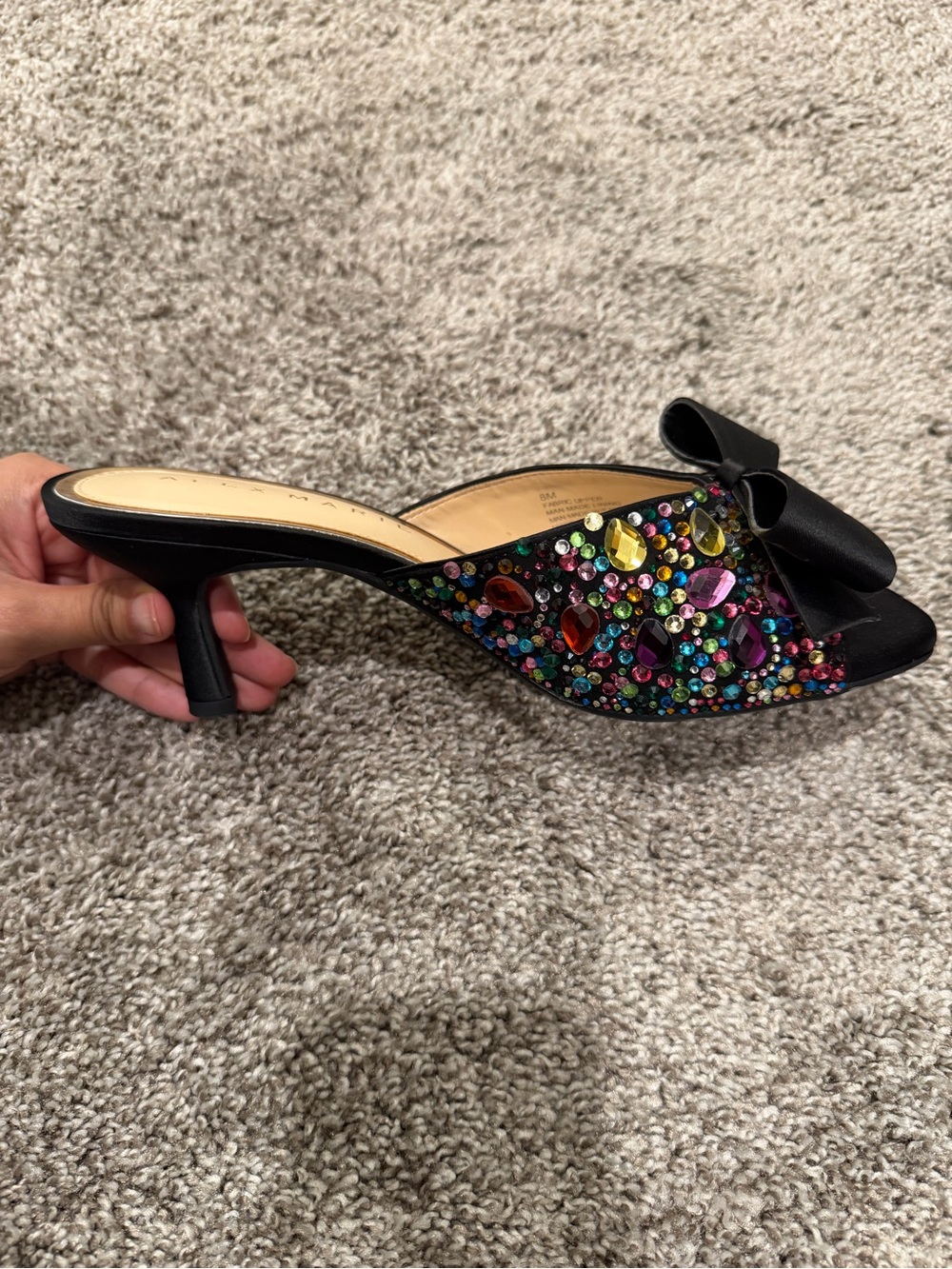 Alex Marie Black Bejeweled Bow Mule Heels Sz 8